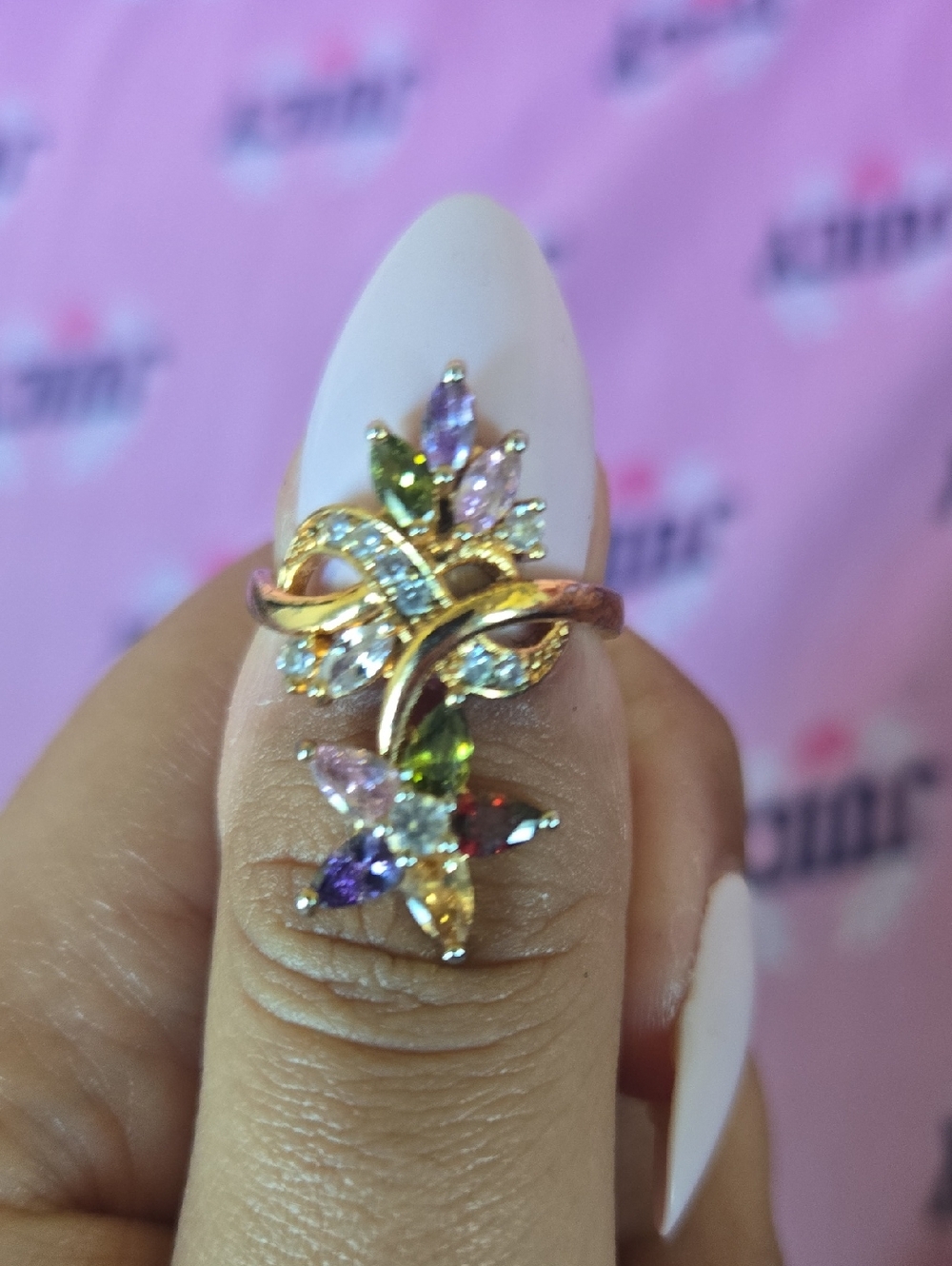 Gold-Tone Multi-Color Crystal Flower Ring